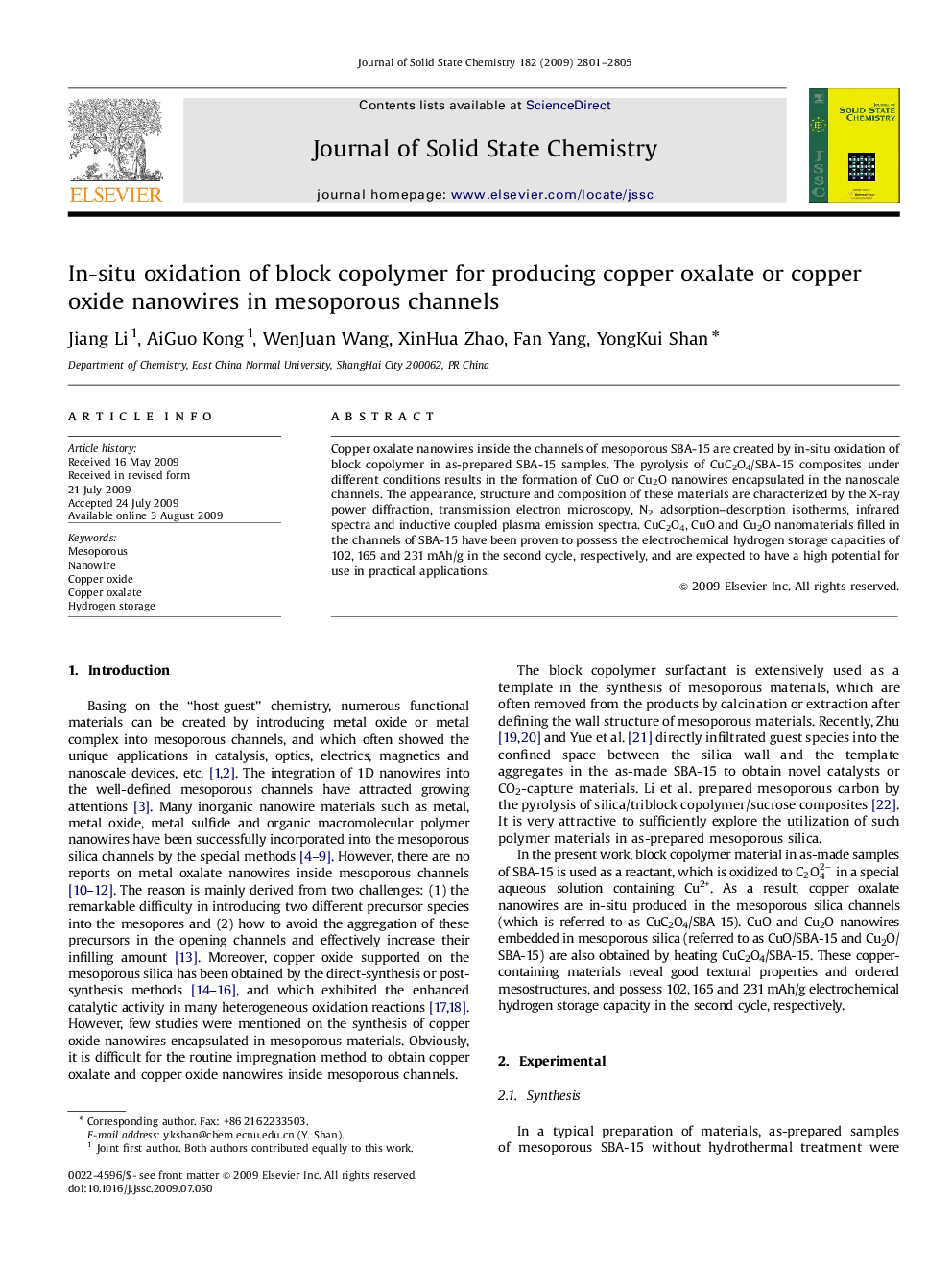 In-situ oxidation of block copolymer for producing copper oxalate or copper oxide nanowires in mesoporous channels