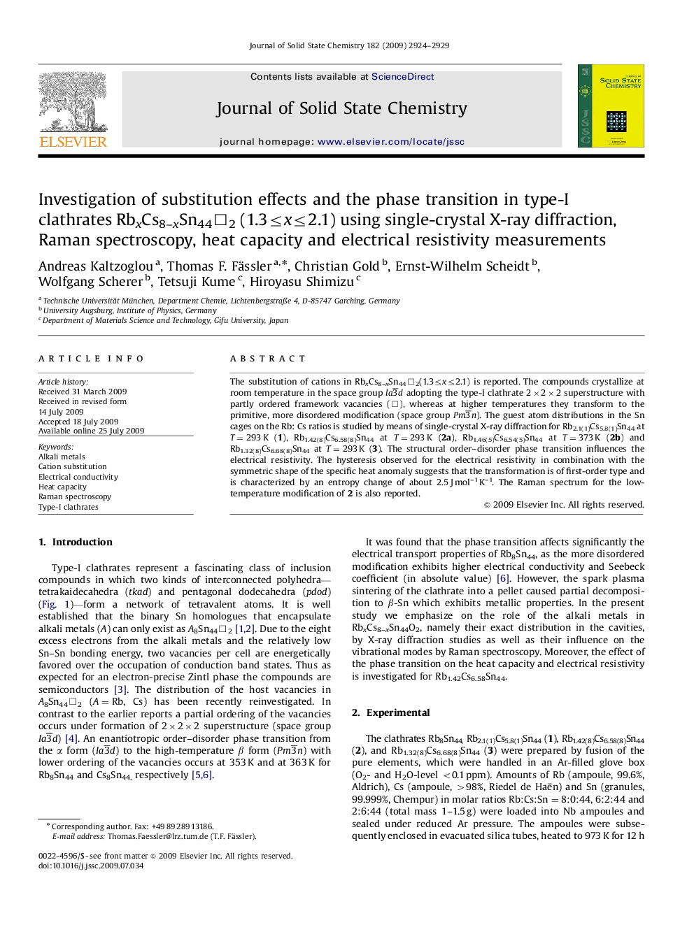 Investigation of substitution effects and the phase transition in type-I clathrates RbxCs8–xSn44□2 (1.3≤x≤2.1) using single-crystal X-ray diffraction, Raman spectroscopy, heat capacity and electrical resistivity measurements