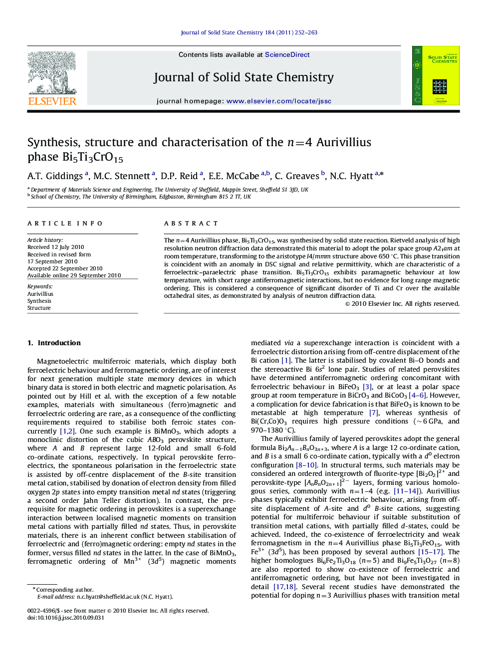 Synthesis, structure and characterisation of the n=4 Aurivillius phase Bi5Ti3CrO15