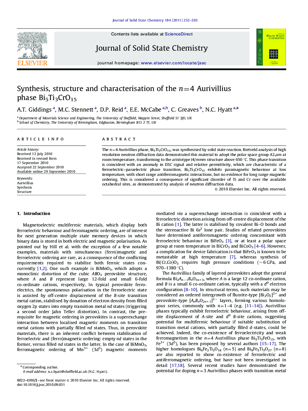 عکس صفحه اول مقاله: Synthesis, structure and characterisation of the n=4 Aurivillius phase Bi5Ti3CrO15 Synthesis, structure and characterisation of the n=4 Aurivillius phase Bi5Ti3CrO15