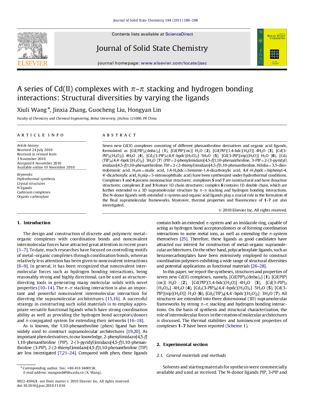 A series of Cd(II) complexes with π–π stacking and hydrogen bonding interactions: Structural diversities by varying the ligands