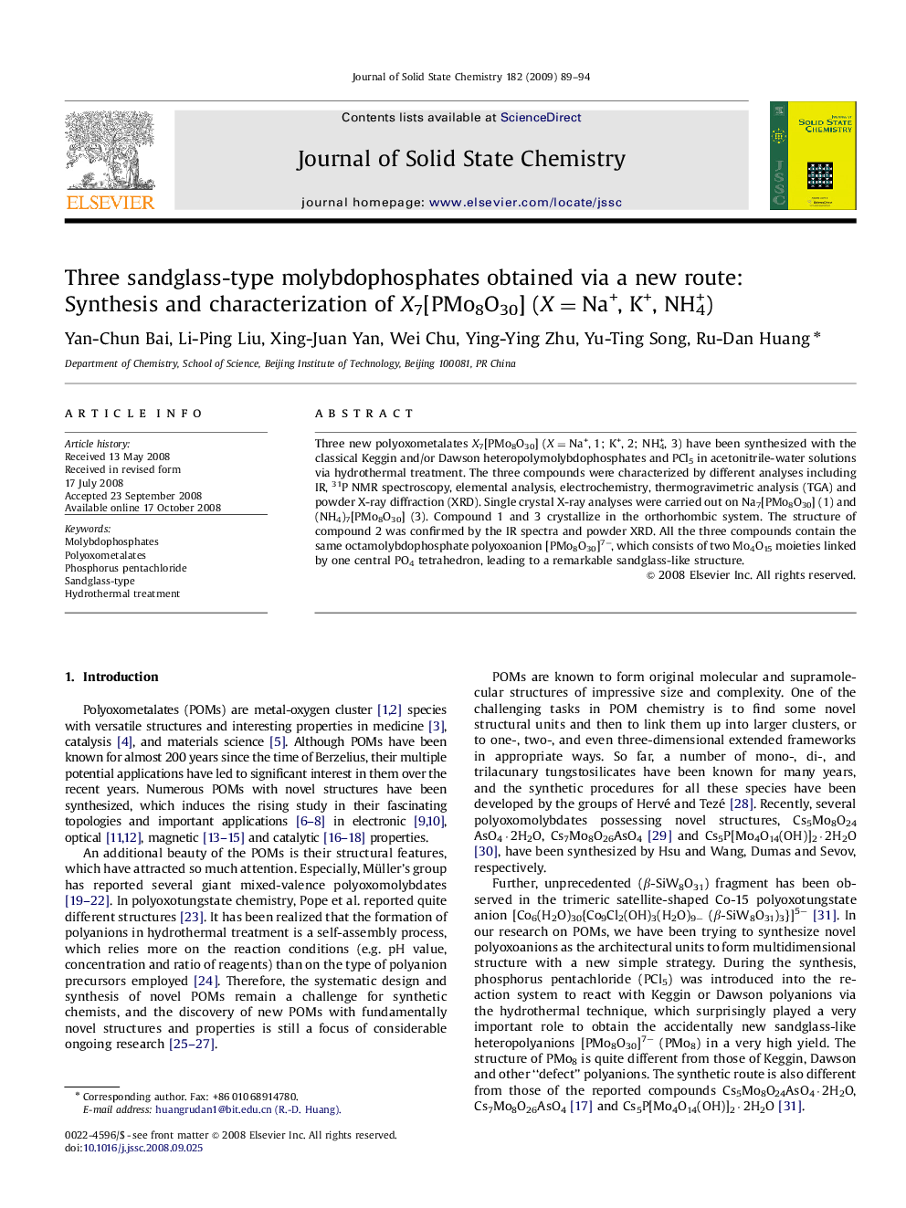 Three sandglass-type molybdophosphates obtained via a new route: Synthesis and characterization of X7[PMo8O30] (X=Na+, K+, NH4+)