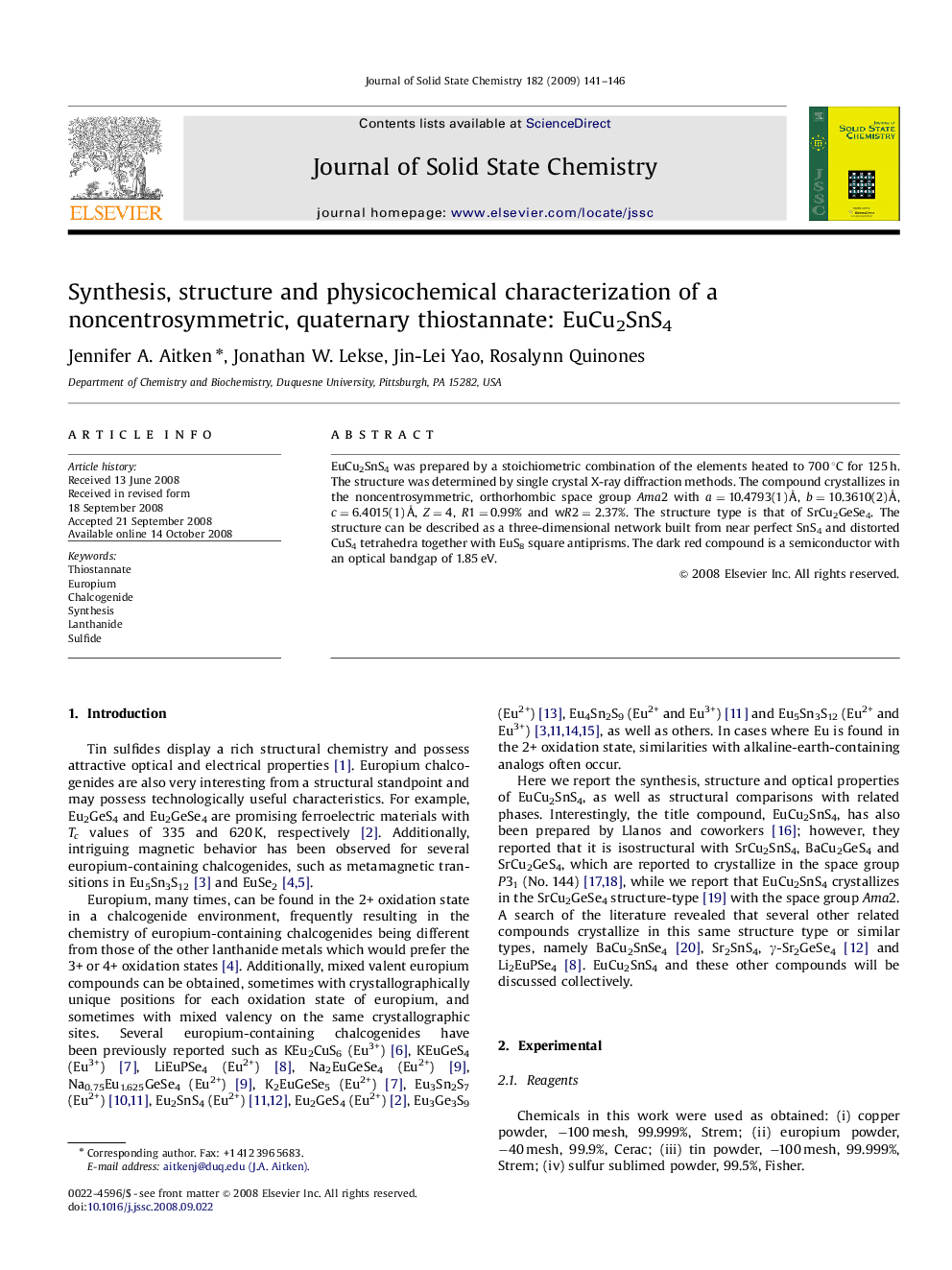 Synthesis, structure and physicochemical characterization of a noncentrosymmetric, quaternary thiostannate: EuCu2SnS4