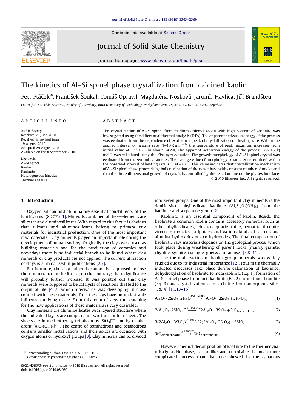 The kinetics of Al–Si spinel phase crystallization from calcined kaolin