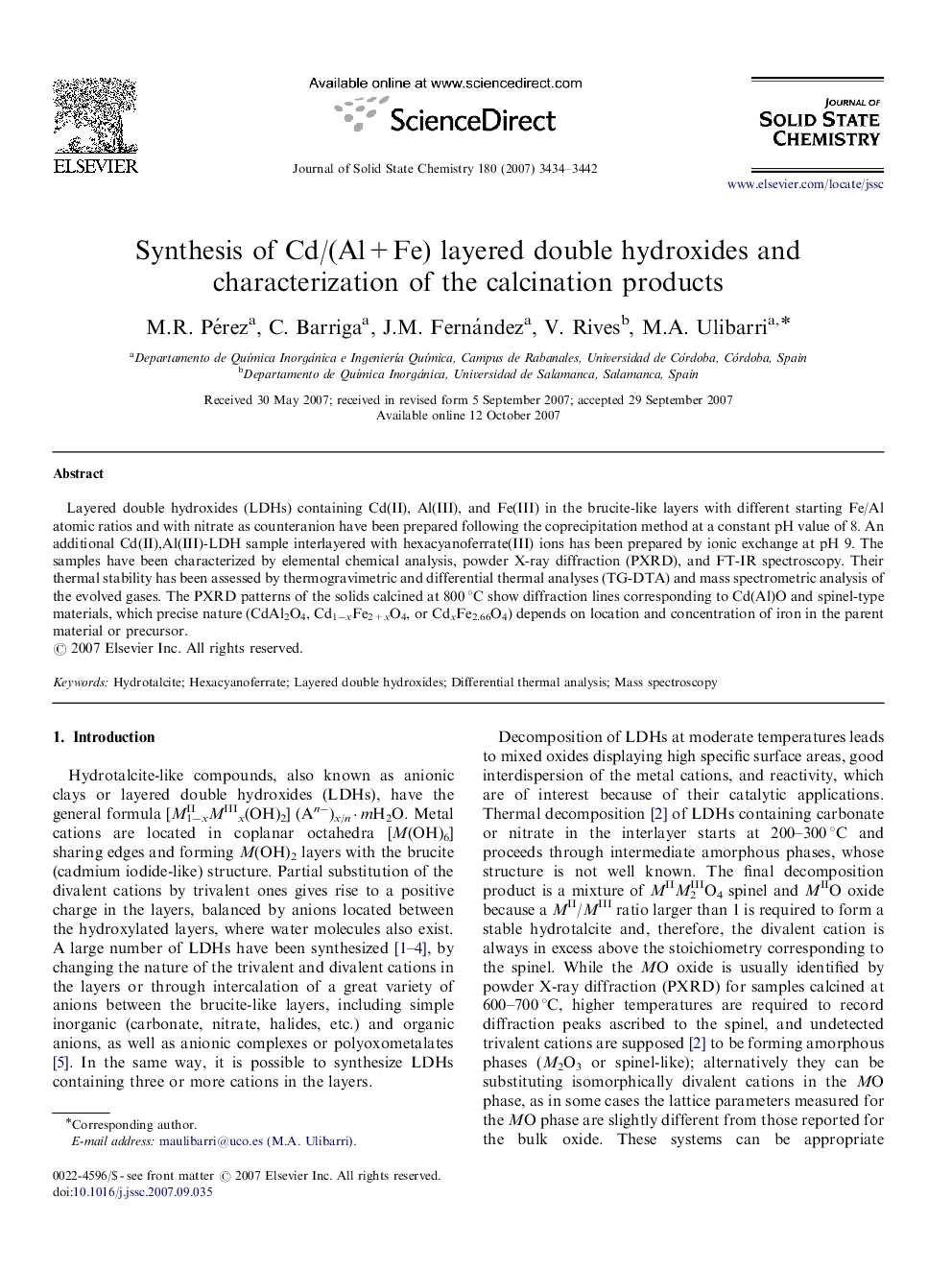 Synthesis of Cd/(Al+Fe) layered double hydroxides and characterization of the calcination products