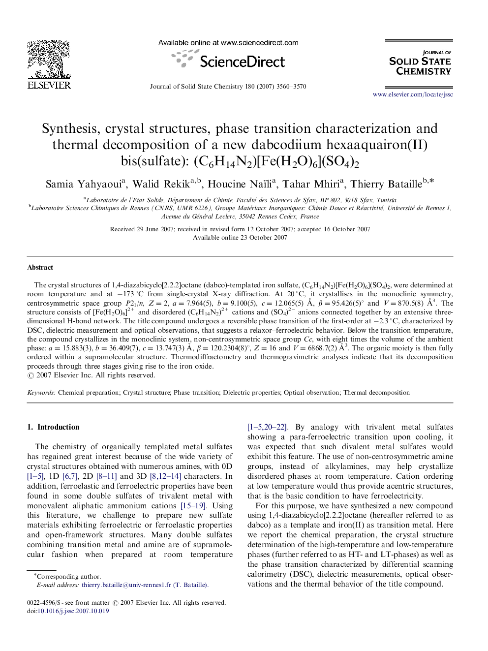 Synthesis, crystal structures, phase transition characterization and thermal decomposition of a new dabcodiium hexaaquairon(II) bis(sulfate): (C6H14N2)[Fe(H2O)6](SO4)2