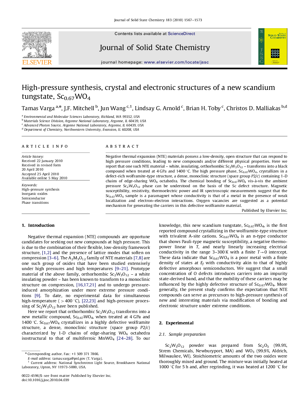 High-pressure synthesis, crystal and electronic structures of a new scandium tungstate, Sc0.67WO4