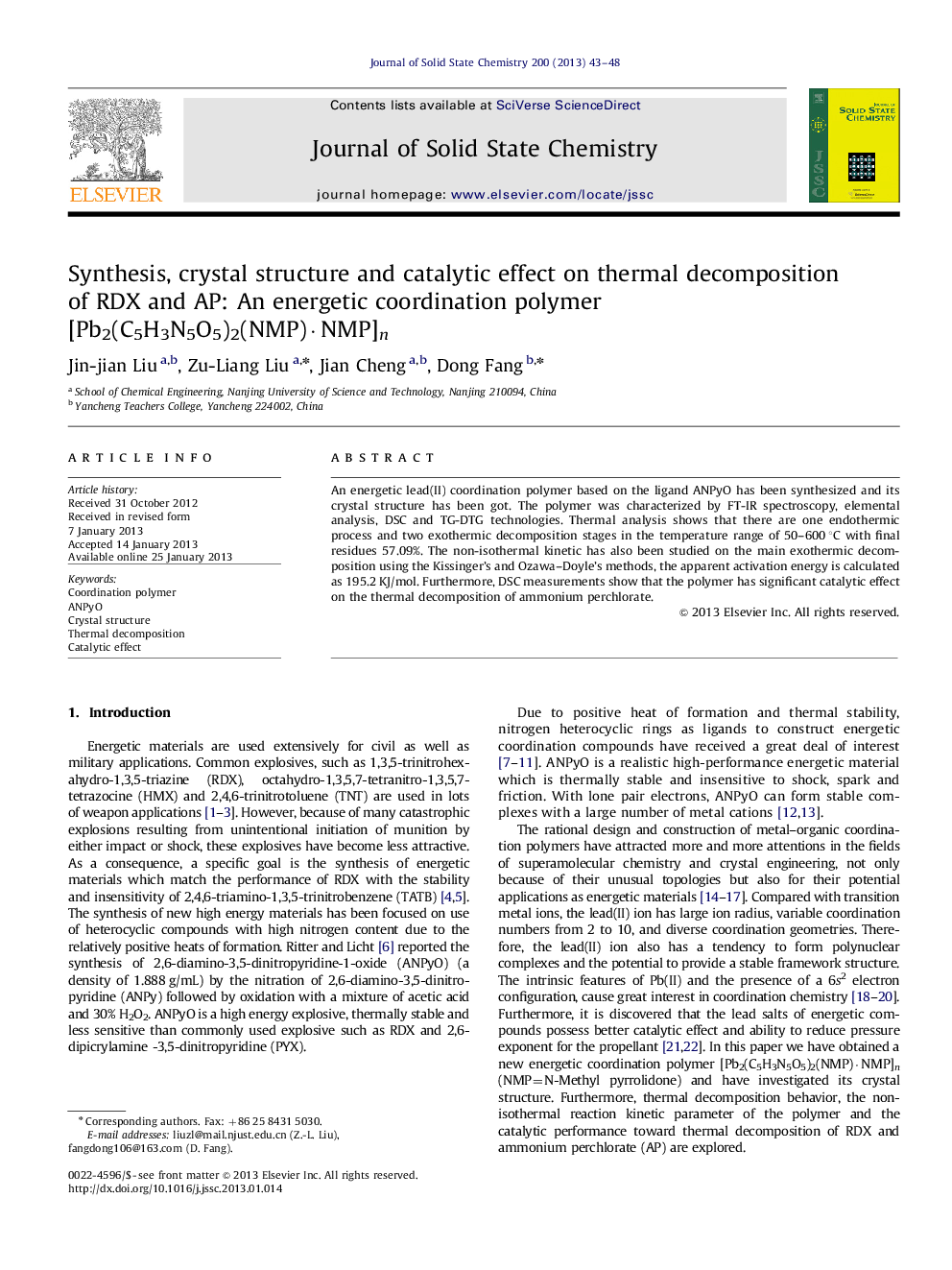 Synthesis, crystal structure and catalytic effect on thermal decomposition of RDX and AP: An energetic coordination polymer [Pb2(C5H3N5O5)2(NMP)·NMP]n