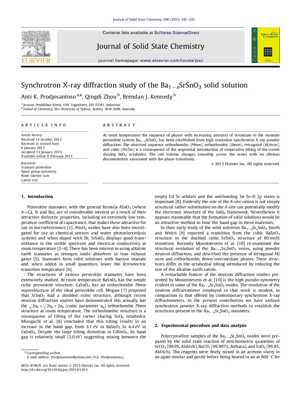 Synchrotron X-ray diffraction study of the Ba1−xSrSnO3 solid solution