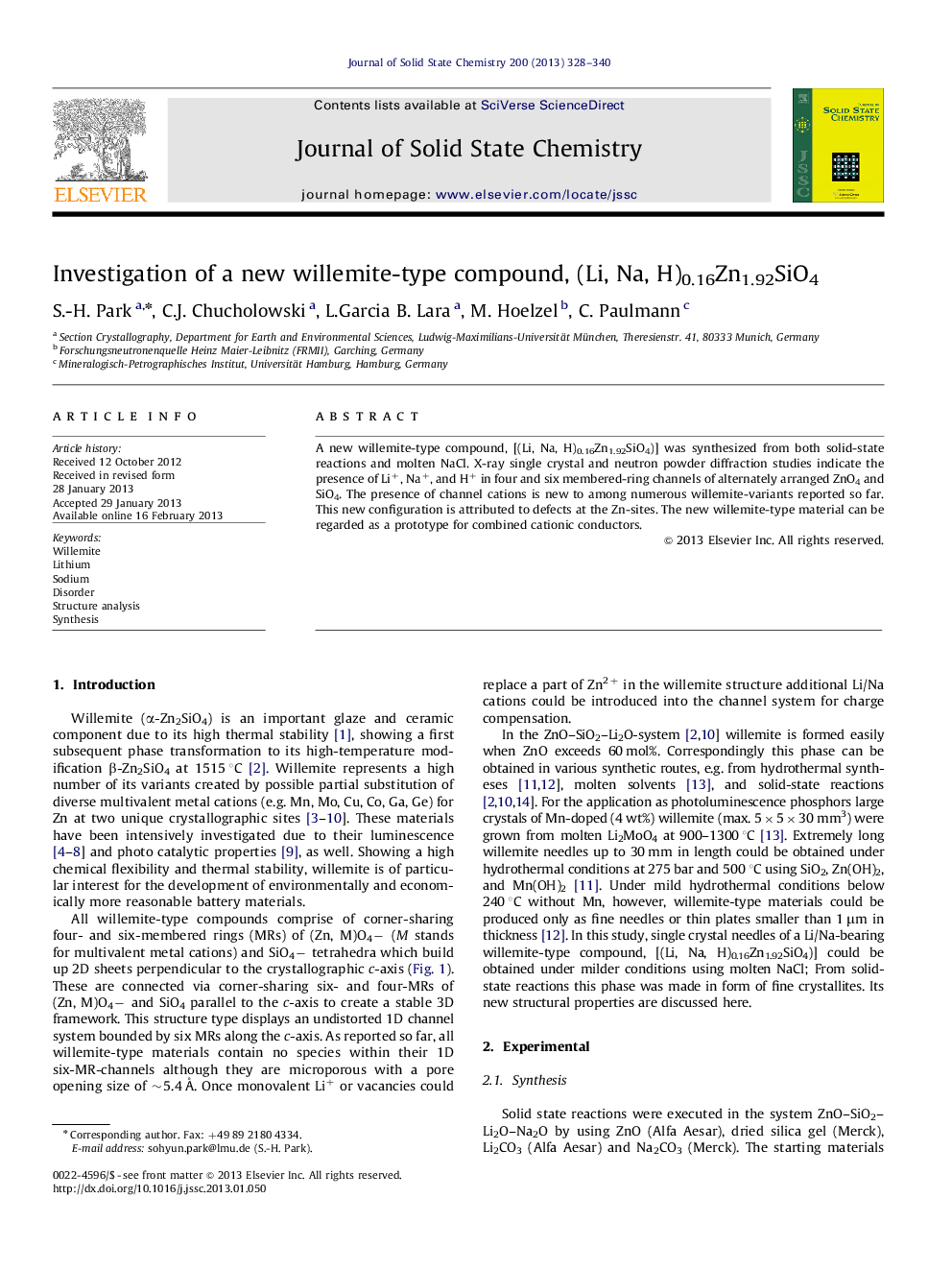 Investigation of a new willemite-type compound, (Li, Na, H)0.16Zn1.92SiO4