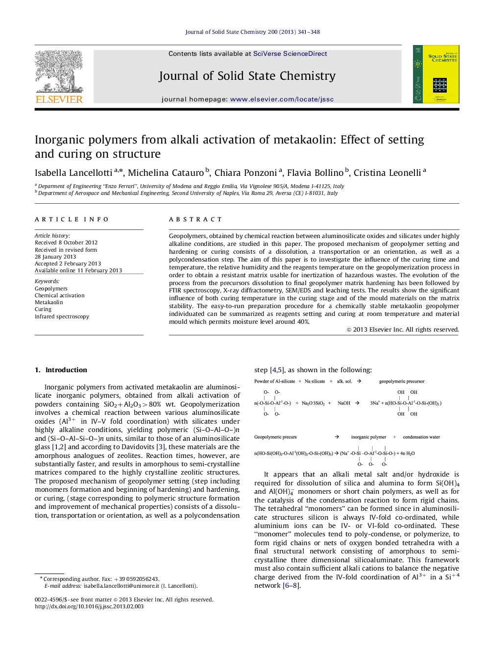 عکس صفحه اول مقاله: Inorganic polymers from alkali activation of metakaolin: Effect of setting and curing on structure Inorganic polymers from alkali activation of metakaolin: Effect of setting and curing on structure