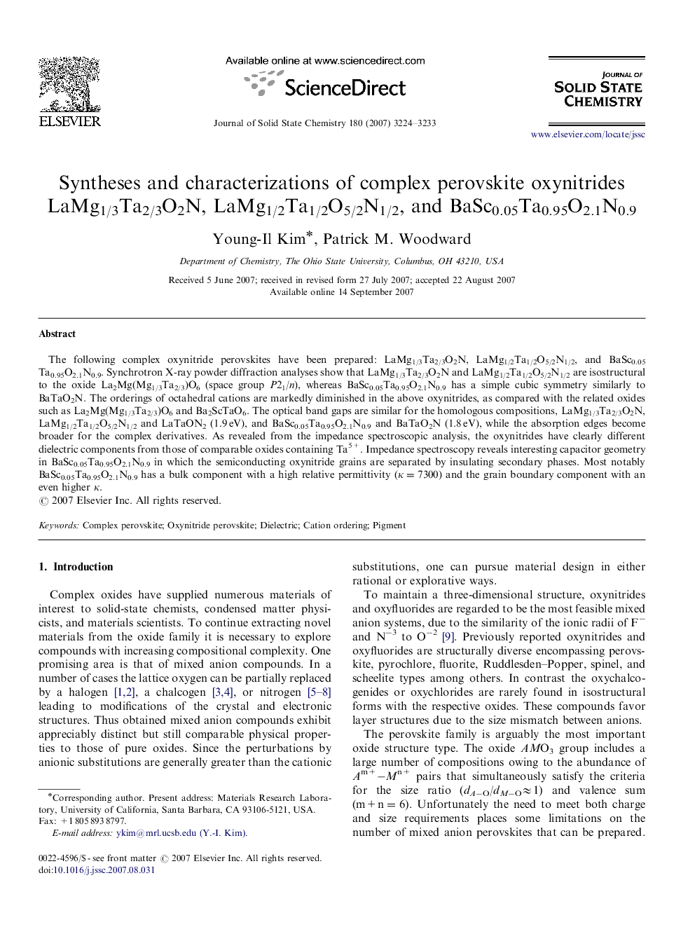 Syntheses and characterizations of complex perovskite oxynitrides LaMg1/3Ta2/3O2N, LaMg1/2Ta1/2O5/2N1/2, and BaSc0.05Ta0.95O2.1N0.9