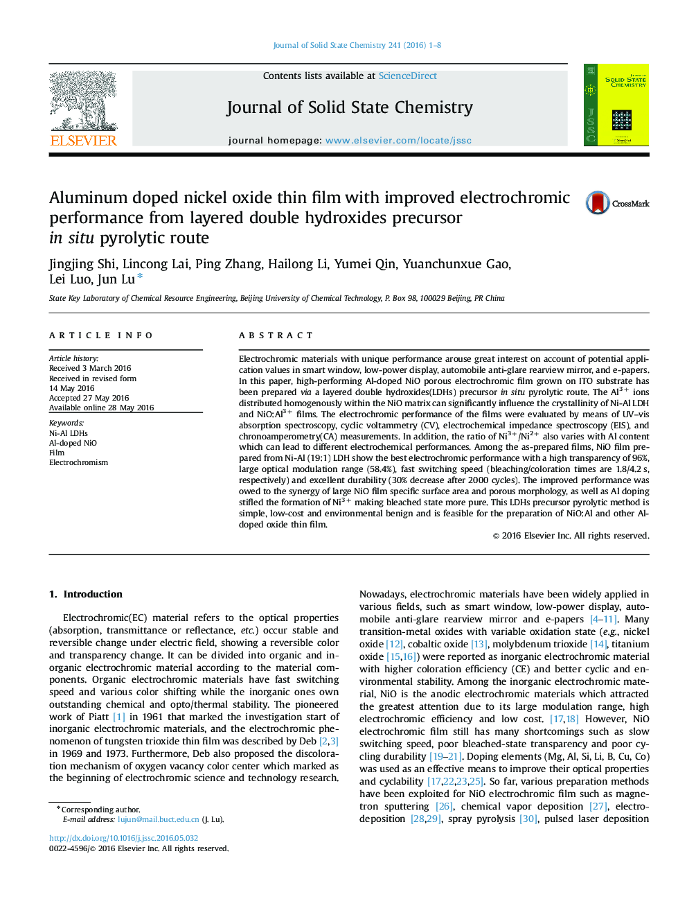 Aluminum doped nickel oxide thin film with improved electrochromic performance from layered double hydroxides precursor in situ pyrolytic route