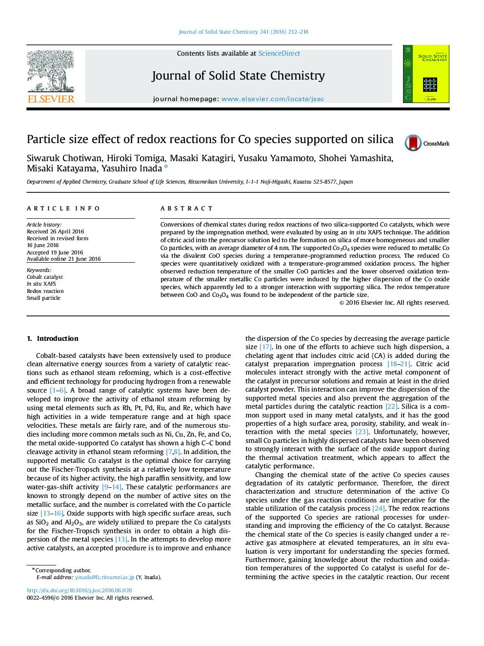 Particle size effect of redox reactions for Co species supported on silica