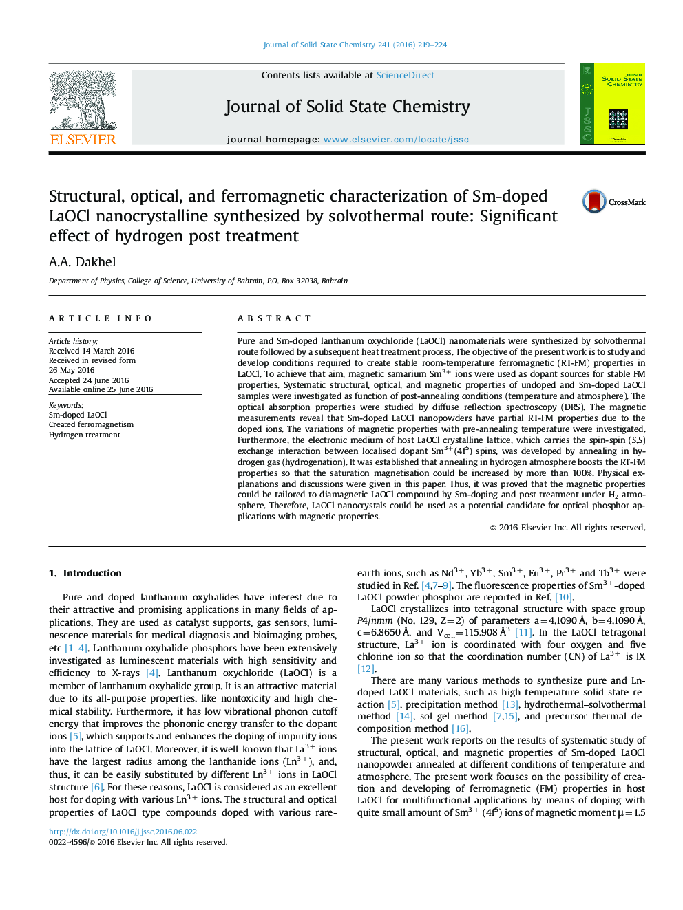 Structural, optical, and ferromagnetic characterization of Sm-doped LaOCl nanocrystalline synthesized by solvothermal route: Significant effect of hydrogen post treatment