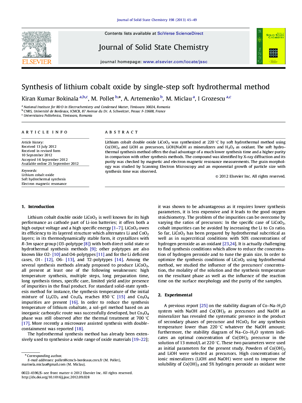 Synthesis of lithium cobalt oxide by single-step soft hydrothermal method