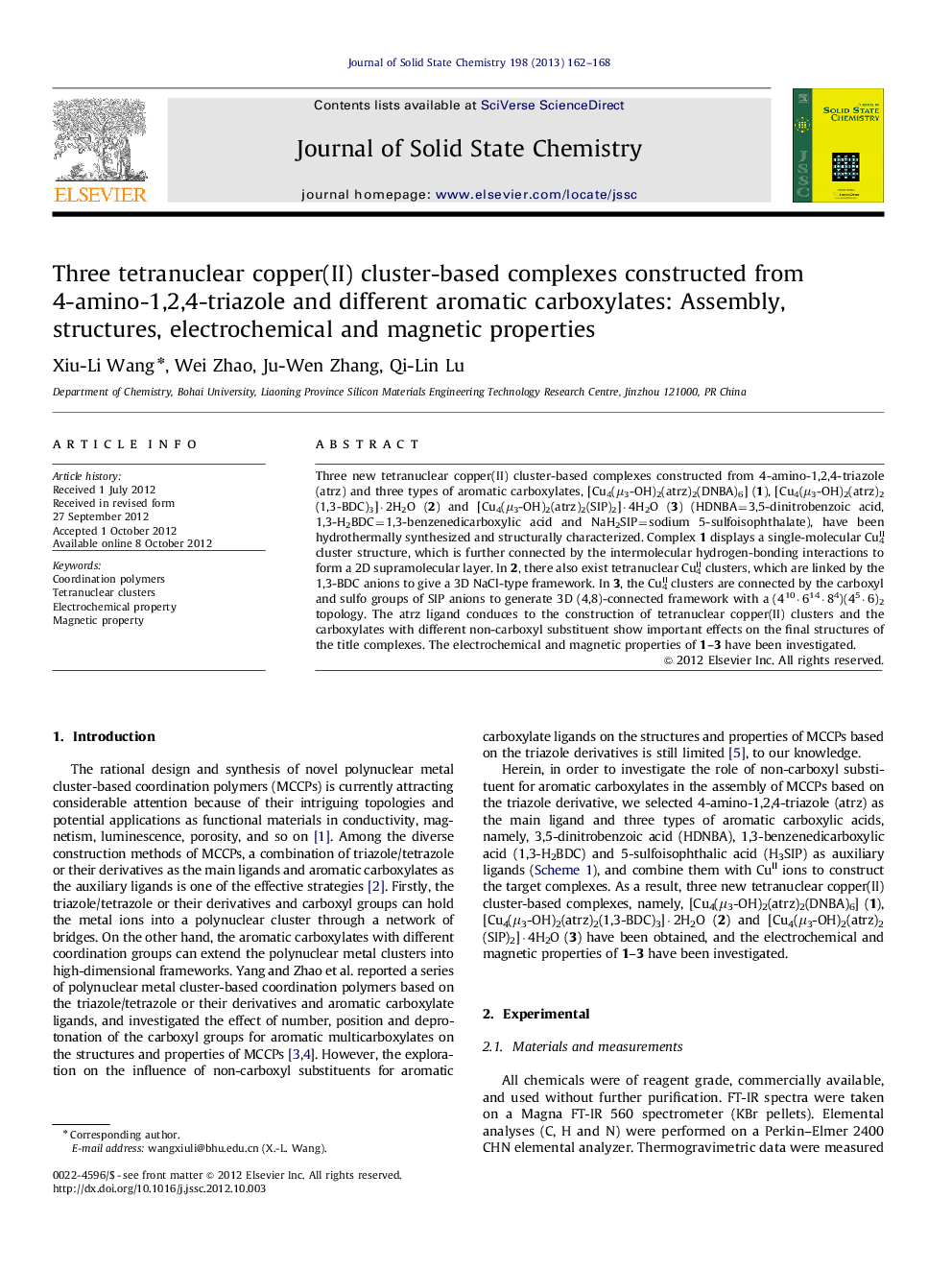 Three tetranuclear copper(II) cluster-based complexes constructed from 4-amino-1,2,4-triazole and different aromatic carboxylates: Assembly, structures, electrochemical and magnetic properties