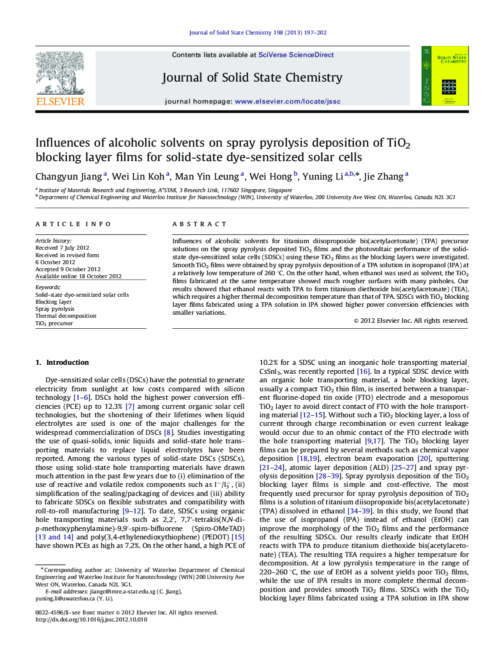 Influences of alcoholic solvents on spray pyrolysis deposition of TiO2 blocking layer films for solid-state dye-sensitized solar cells