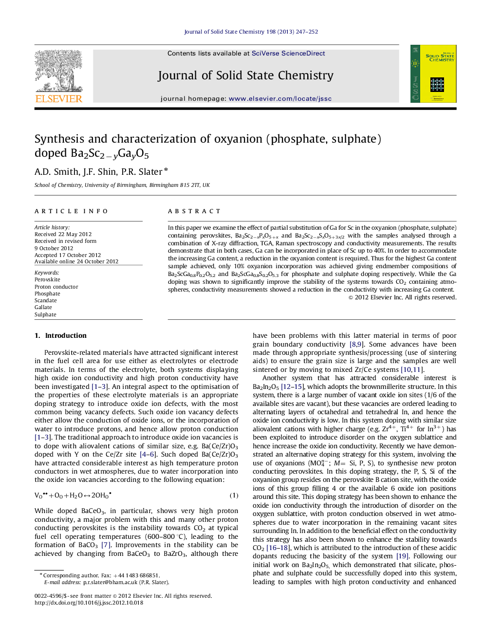 Synthesis and characterization of oxyanion (phosphate, sulphate) doped Ba2Sc2−yGayO5