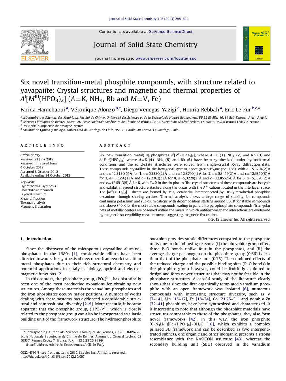 Six novel transition-metal phosphite compounds, with structure related to yavapaiite: Crystal structures and magnetic and thermal properties of AI[MIII(HPO3)2] (A=K, NH4, Rb and M=V, Fe)