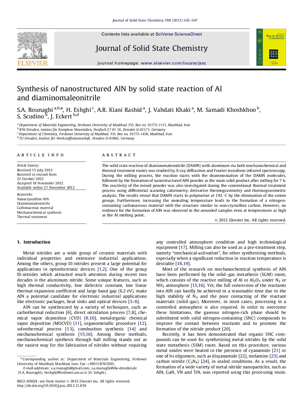 Synthesis of nanostructured AlN by solid state reaction of Al and diaminomaleonitrile