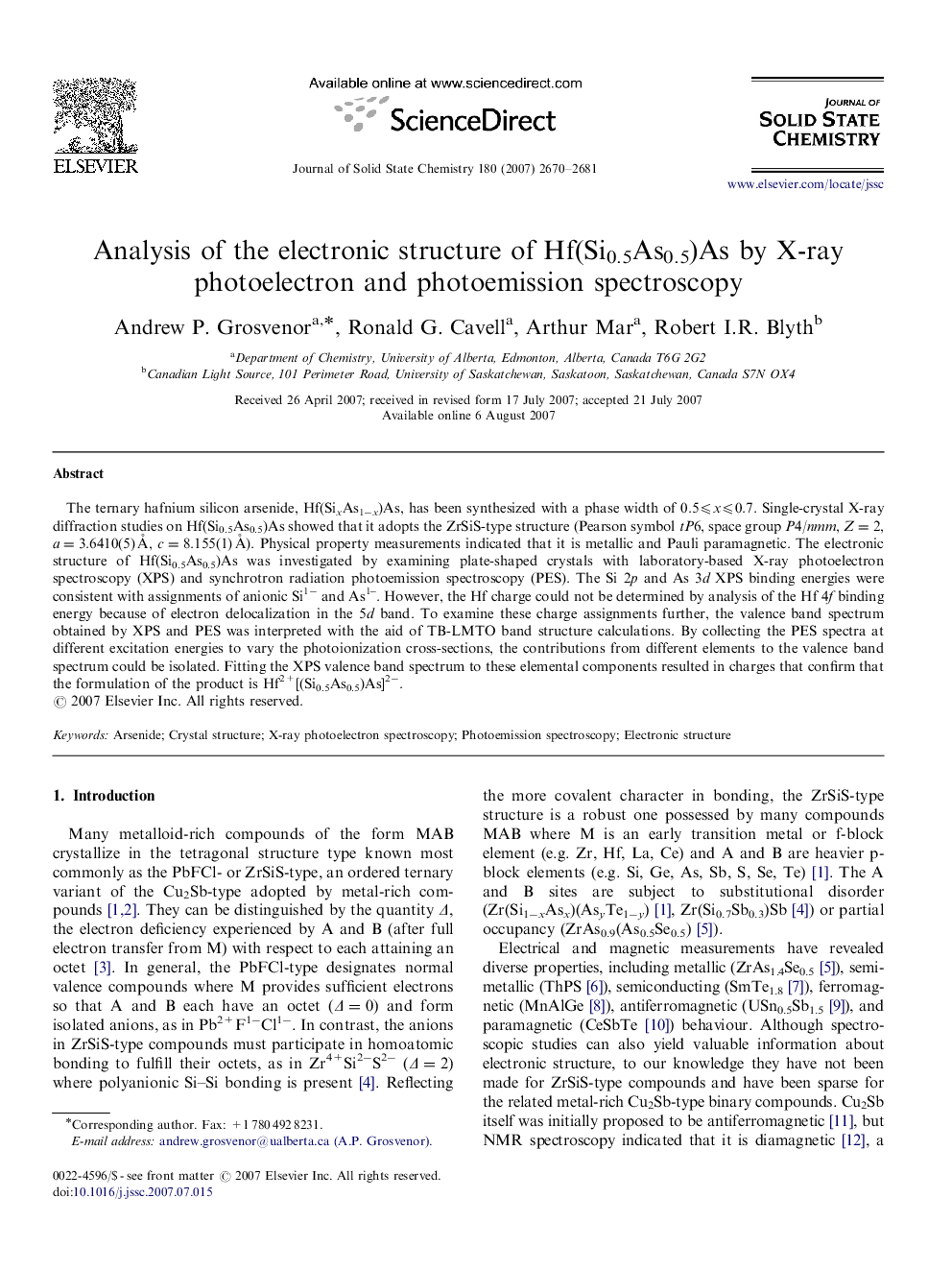 Analysis of the electronic structure of Hf(Si0.5As0.5)As by X-ray photoelectron and photoemission spectroscopy