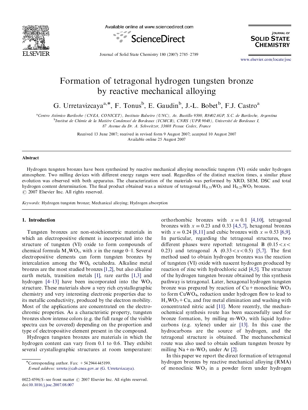 Formation of tetragonal hydrogen tungsten bronze by reactive mechanical alloying