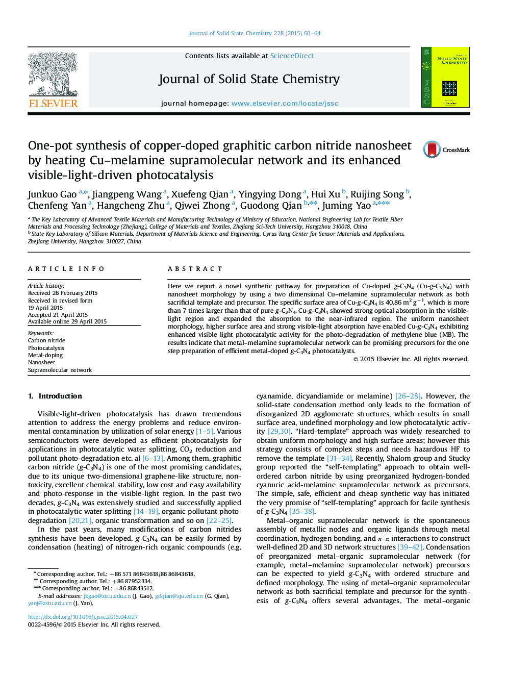 One-pot synthesis of copper-doped graphitic carbon nitride nanosheet by heating Cu–melamine supramolecular network and its enhanced visible-light-driven photocatalysis