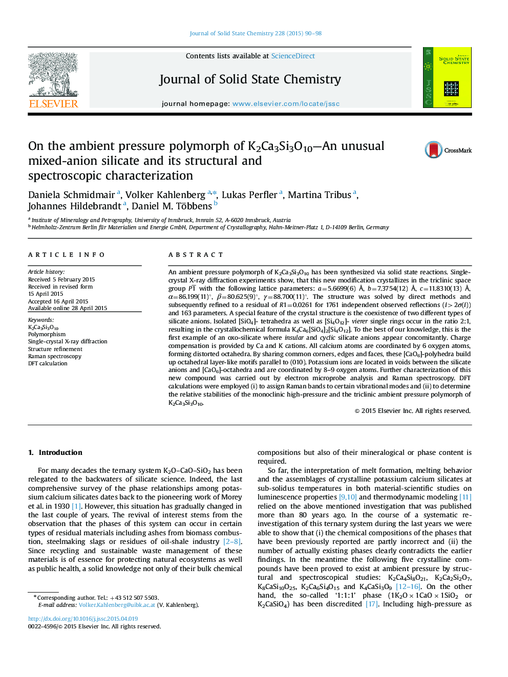 On the ambient pressure polymorph of K2Ca3Si3O10—An unusual mixed-anion silicate and its structural and spectroscopic characterization