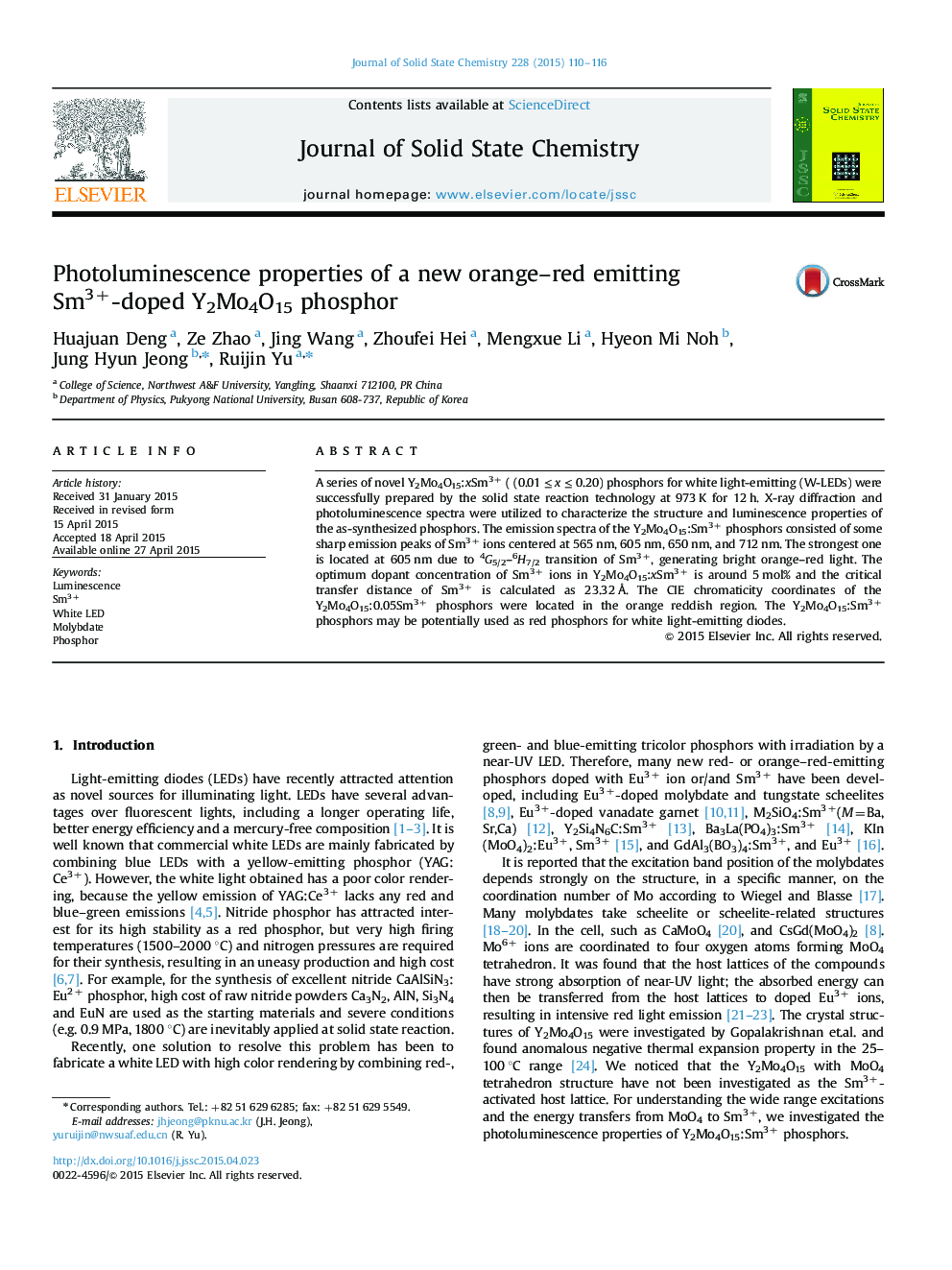 Photoluminescence properties of a new orange–red emitting Sm3+-doped Y2Mo4O15 phosphor