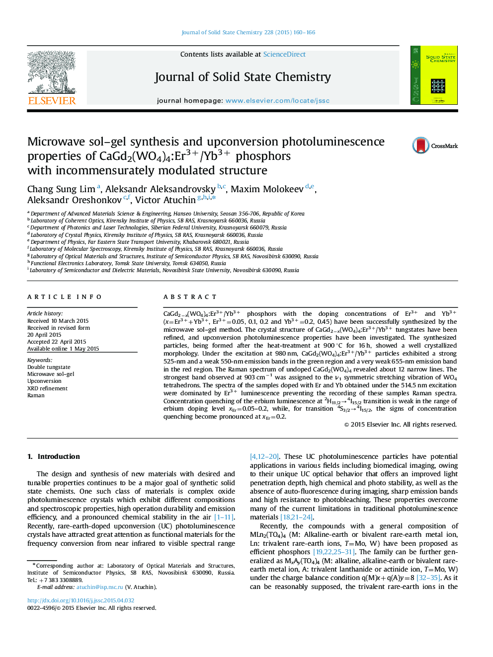 Microwave sol–gel synthesis and upconversion photoluminescence properties of CaGd2(WO4)4:Er3+/Yb3+ phosphors with incommensurately modulated structure