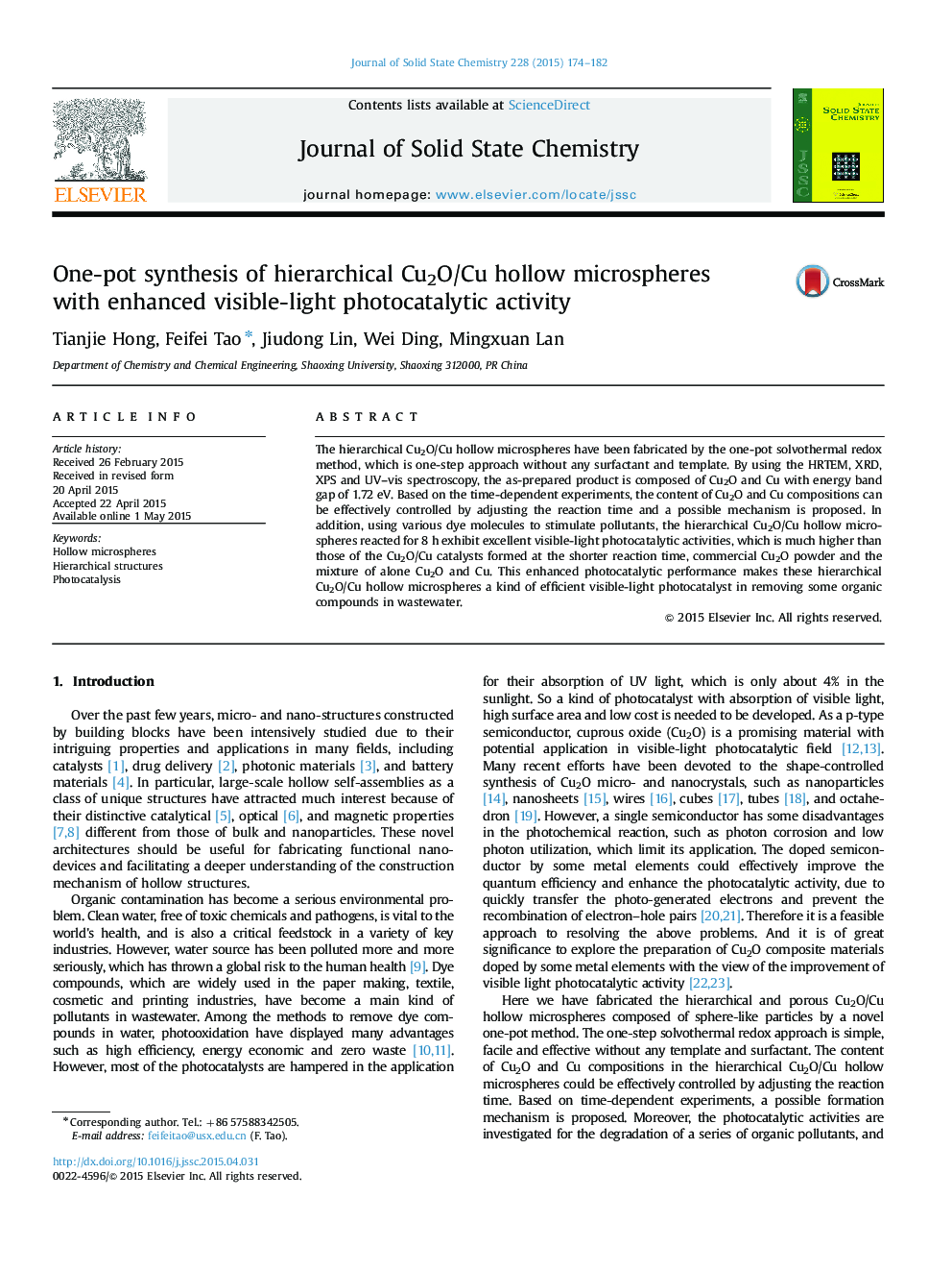 One-pot synthesis of hierarchical Cu2O/Cu hollow microspheres with enhanced visible-light photocatalytic activity