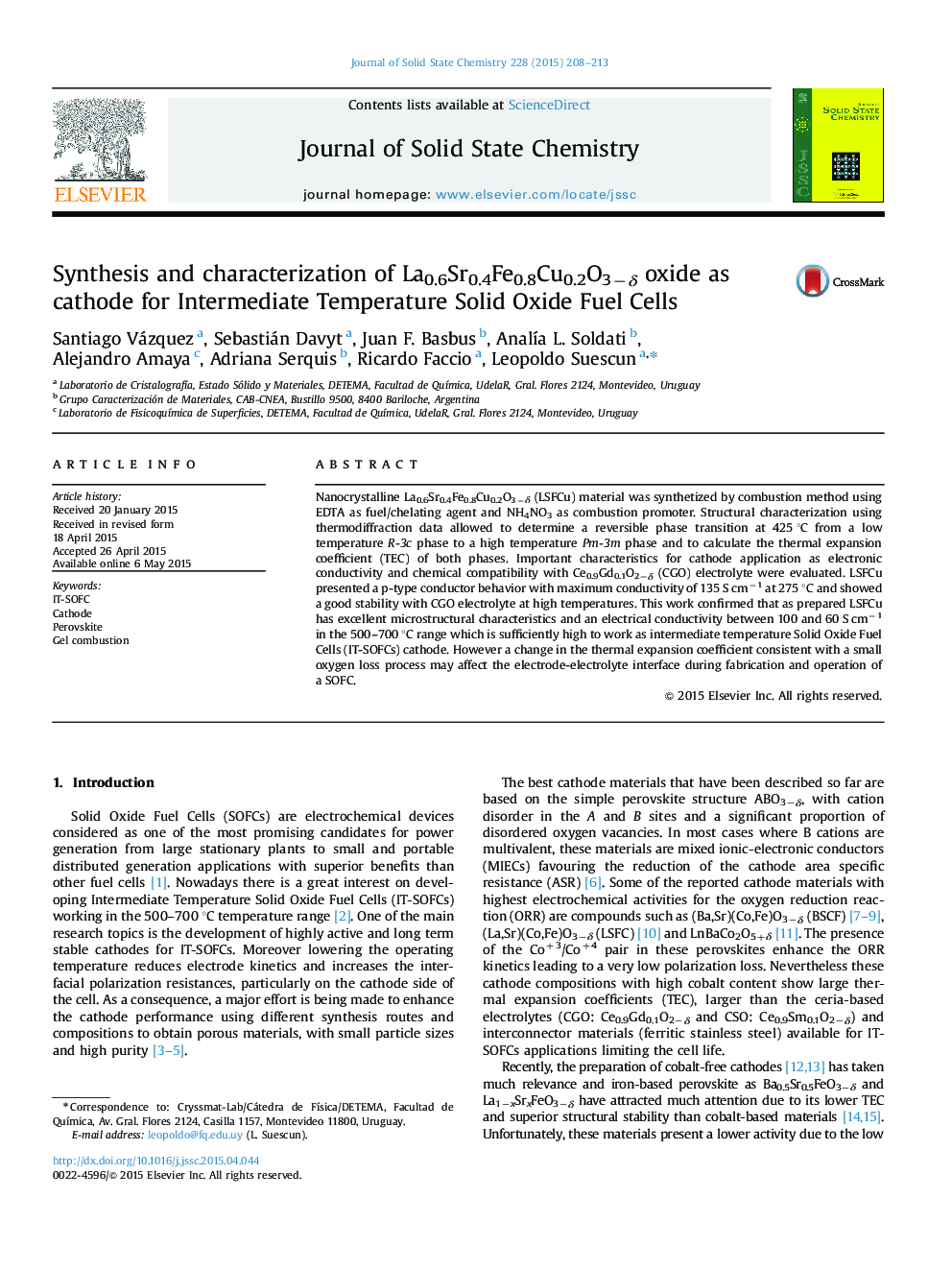 Synthesis and characterization of La0.6Sr0.4Fe0.8Cu0.2O3−δ oxide as cathode for Intermediate Temperature Solid Oxide Fuel Cells