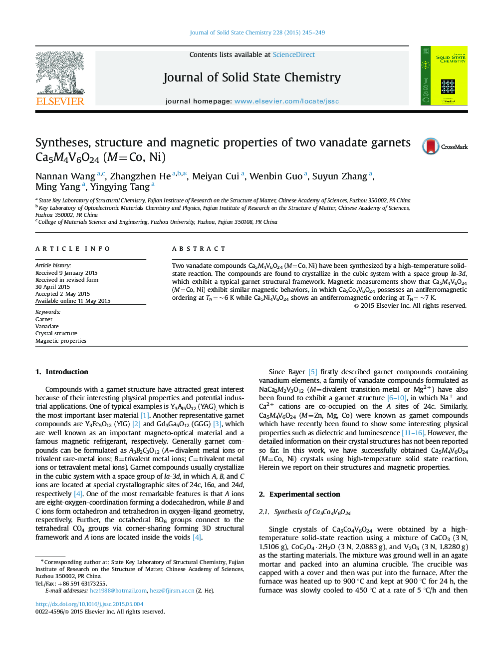 Syntheses, structure and magnetic properties of two vanadate garnets Ca5M4V6O24 (M=Co, Ni)