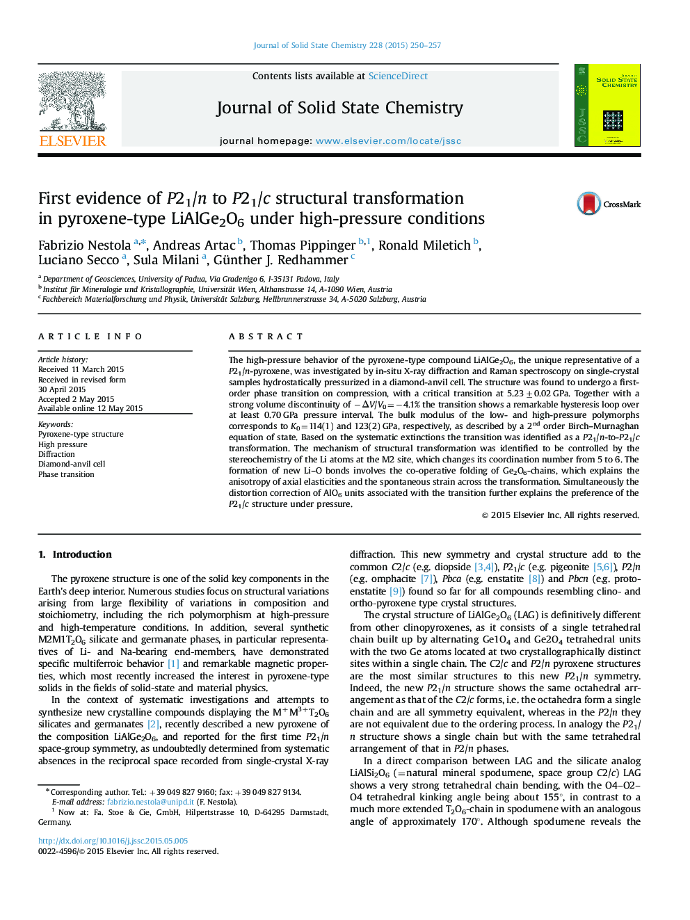 First evidence of P21/n to P21/c structural transformation in pyroxene-type LiAlGe2O6 under high-pressure conditions