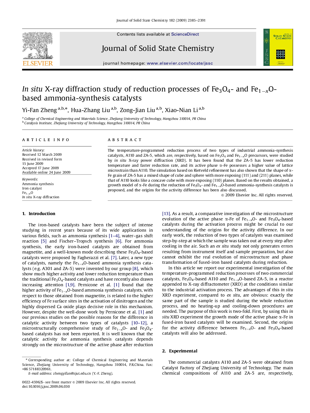 In situ X-ray diffraction study of reduction processes of Fe3O4- and Fe1−xO-based ammonia-synthesis catalysts