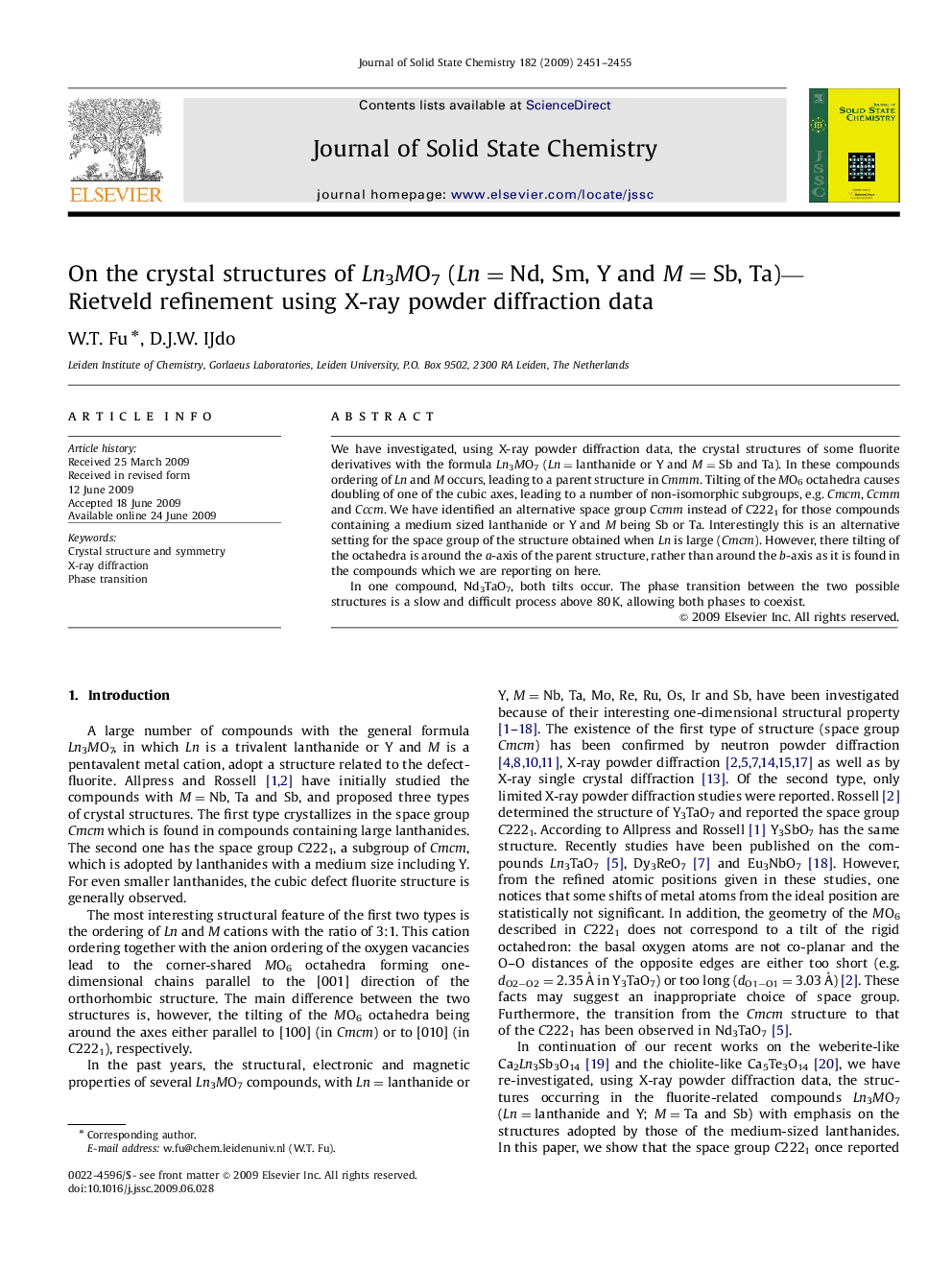 On the crystal structures of Ln3MO7 (Ln=Nd, Sm, Y and M=Sb, Ta)—Rietveld refinement using X-ray powder diffraction data