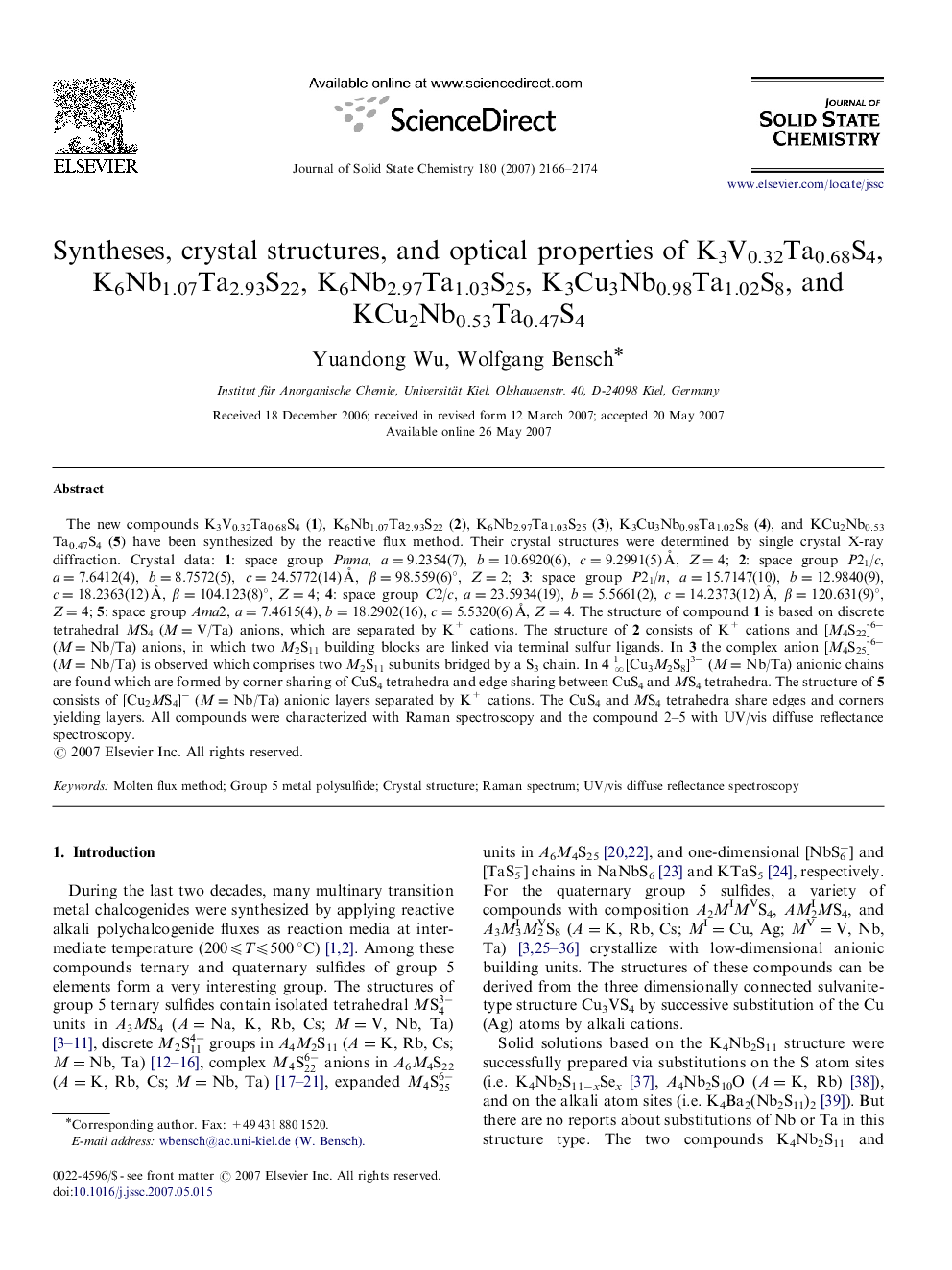 عکس صفحه اول مقاله: Syntheses, crystal structures, and optical properties of K3V0.32Ta0.68S4, K6Nb1.07Ta2.93S22, K6Nb2.97Ta1.03S25, K3Cu3Nb0.98Ta1.02S8, and KCu2Nb0.53Ta0.47S4 Syntheses, crystal structures, and optical properties of K3V0.32Ta0.68S4, K6Nb1.07Ta2.93S22, K6Nb2.97Ta1.03S25, K3Cu3Nb0.98Ta1.02S8, and KCu2Nb0.53Ta0.47S4