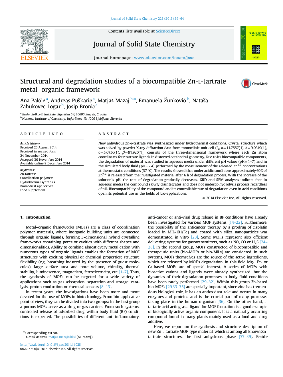 Structural and degradation studies of a biocompatible Zn-l-tartrate metal–organic framework