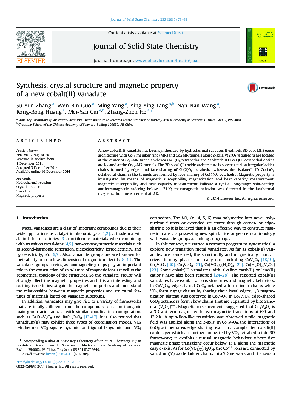 عکس صفحه اول مقاله: Synthesis, crystal structure and magnetic property of a new cobalt(II) vanadate Synthesis, crystal structure and magnetic property of a new cobalt(II) vanadate