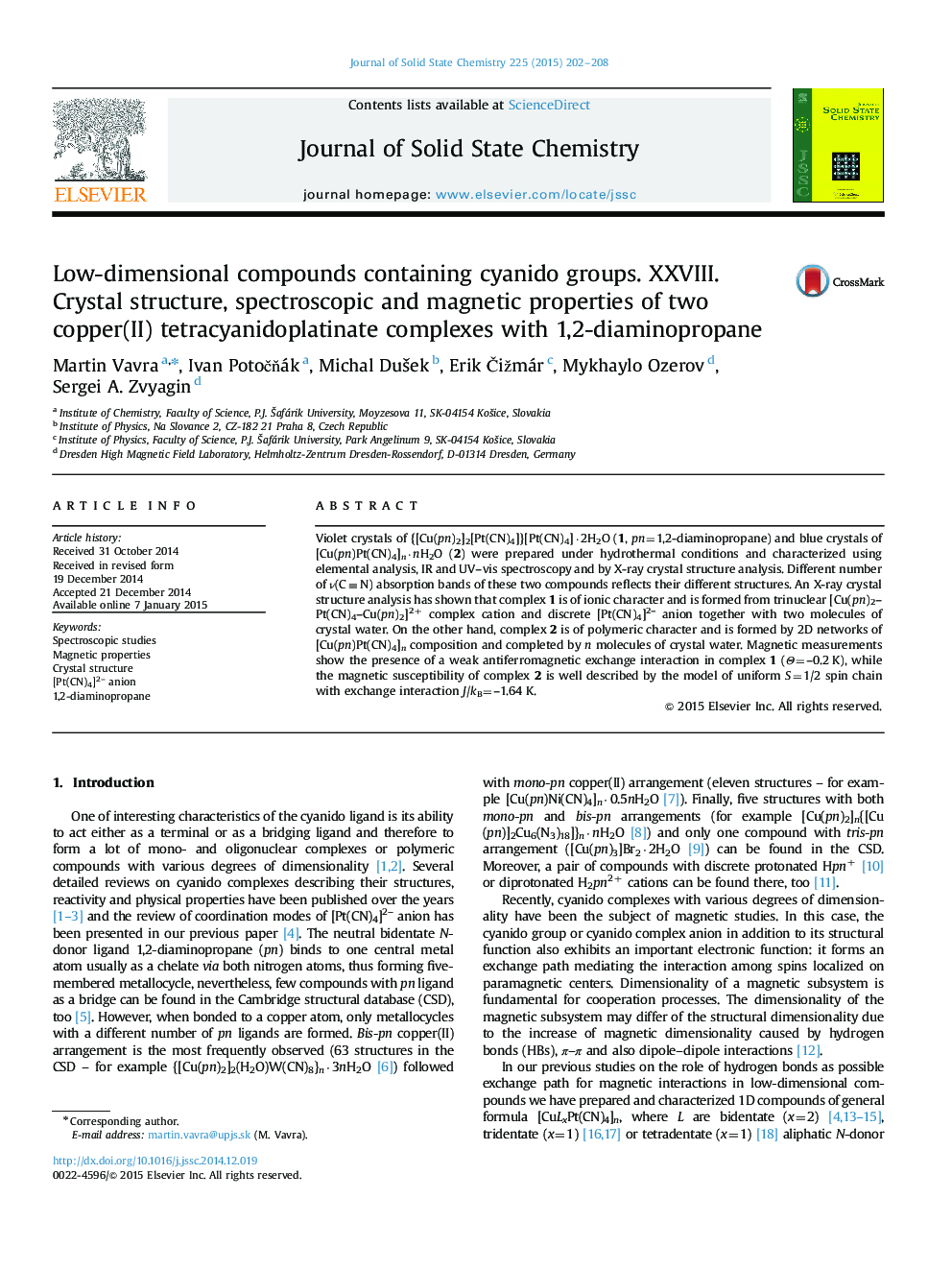 Low-dimensional compounds containing cyanido groups. XXVIII. Crystal structure, spectroscopic and magnetic properties of two copper(II) tetracyanidoplatinate complexes with 1,2-diaminopropane