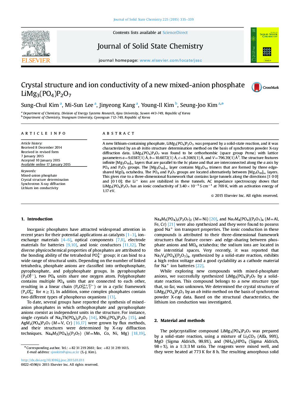 Crystal structure and ion conductivity of a new mixed-anion phosphate LiMg3(PO4)P2O7