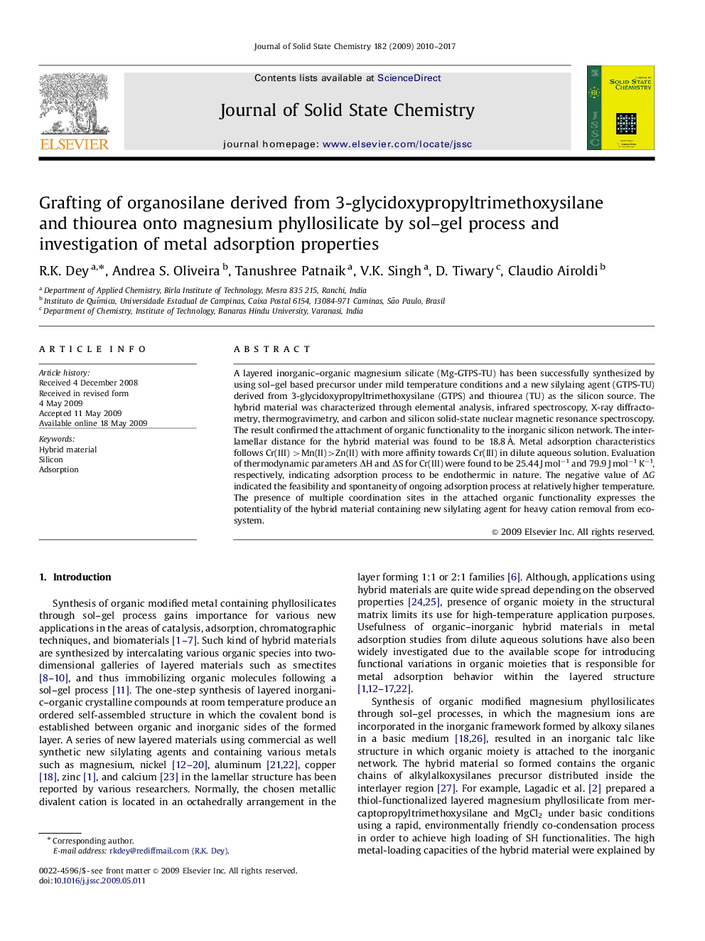 Grafting of organosilane derived from 3-glycidoxypropyltrimethoxysilane and thiourea onto magnesium phyllosilicate by sol–gel process and investigation of metal adsorption properties