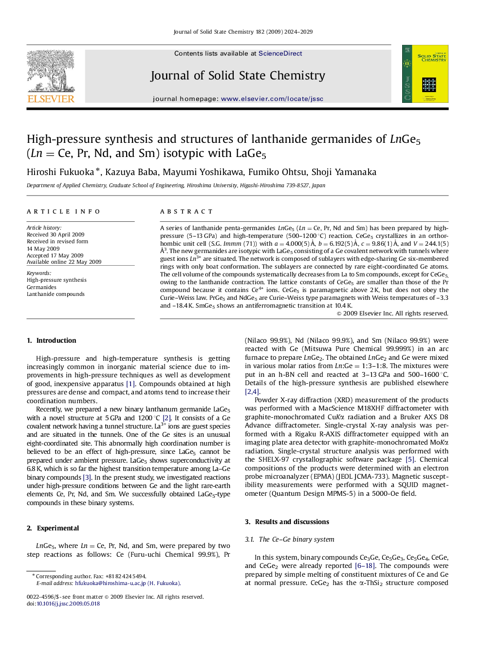 High-pressure synthesis and structures of lanthanide germanides of LnGe5 (Ln=Ce, Pr, Nd, and Sm) isotypic with LaGe5