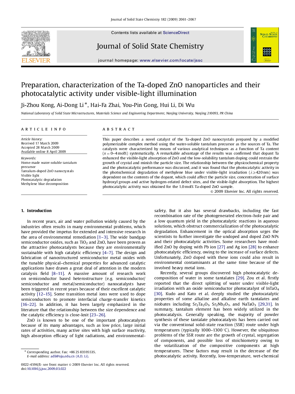 Preparation, characterization of the Ta-doped ZnO nanoparticles and their photocatalytic activity under visible-light illumination