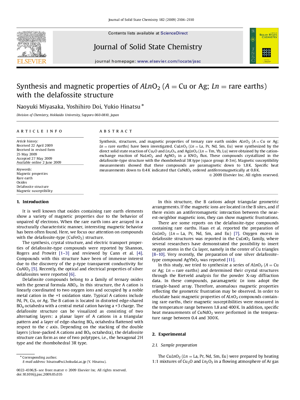 Synthesis and magnetic properties of ALnO2 (A=Cu or Ag; Ln=rare earths) with the delafossite structure