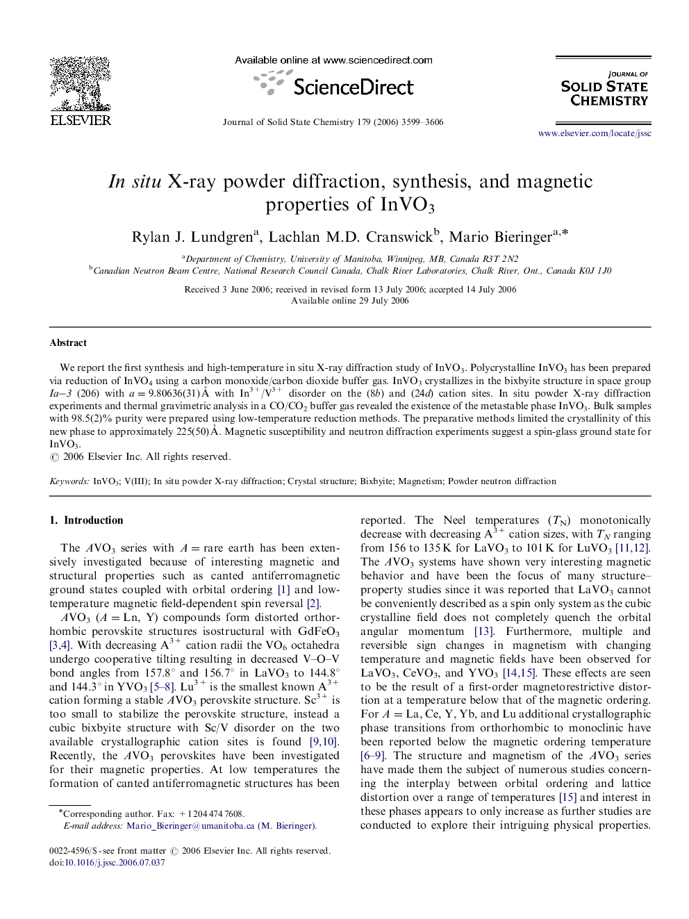 عکس صفحه اول مقاله: In situ X-ray powder diffraction, synthesis, and magnetic properties of InVO3 In situ X-ray powder diffraction, synthesis, and magnetic properties of InVO3
