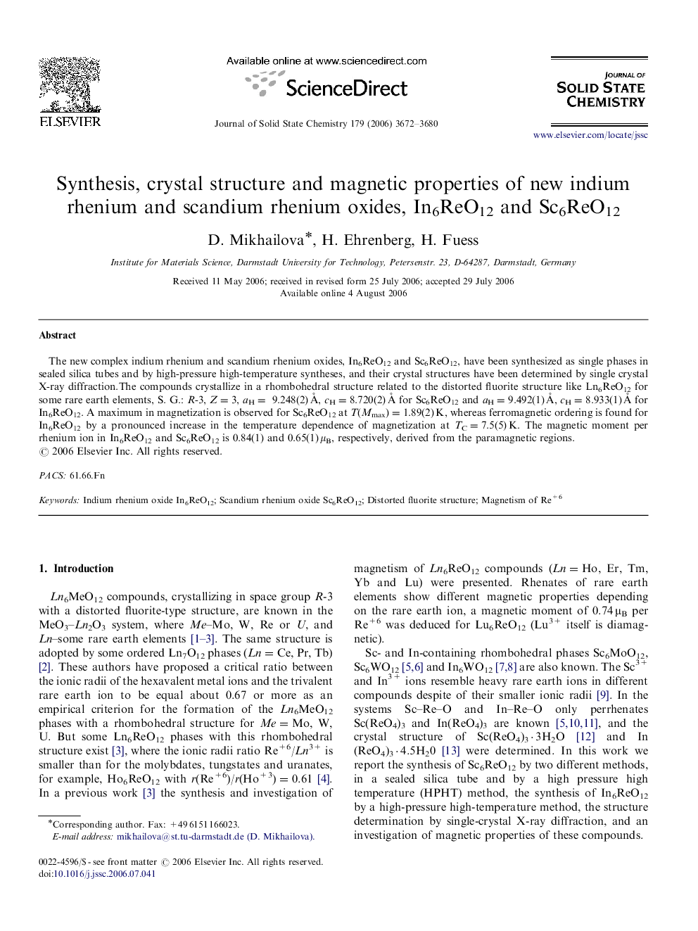 Synthesis, crystal structure and magnetic properties of new indium rhenium and scandium rhenium oxides, In6ReO12 and Sc6ReO12