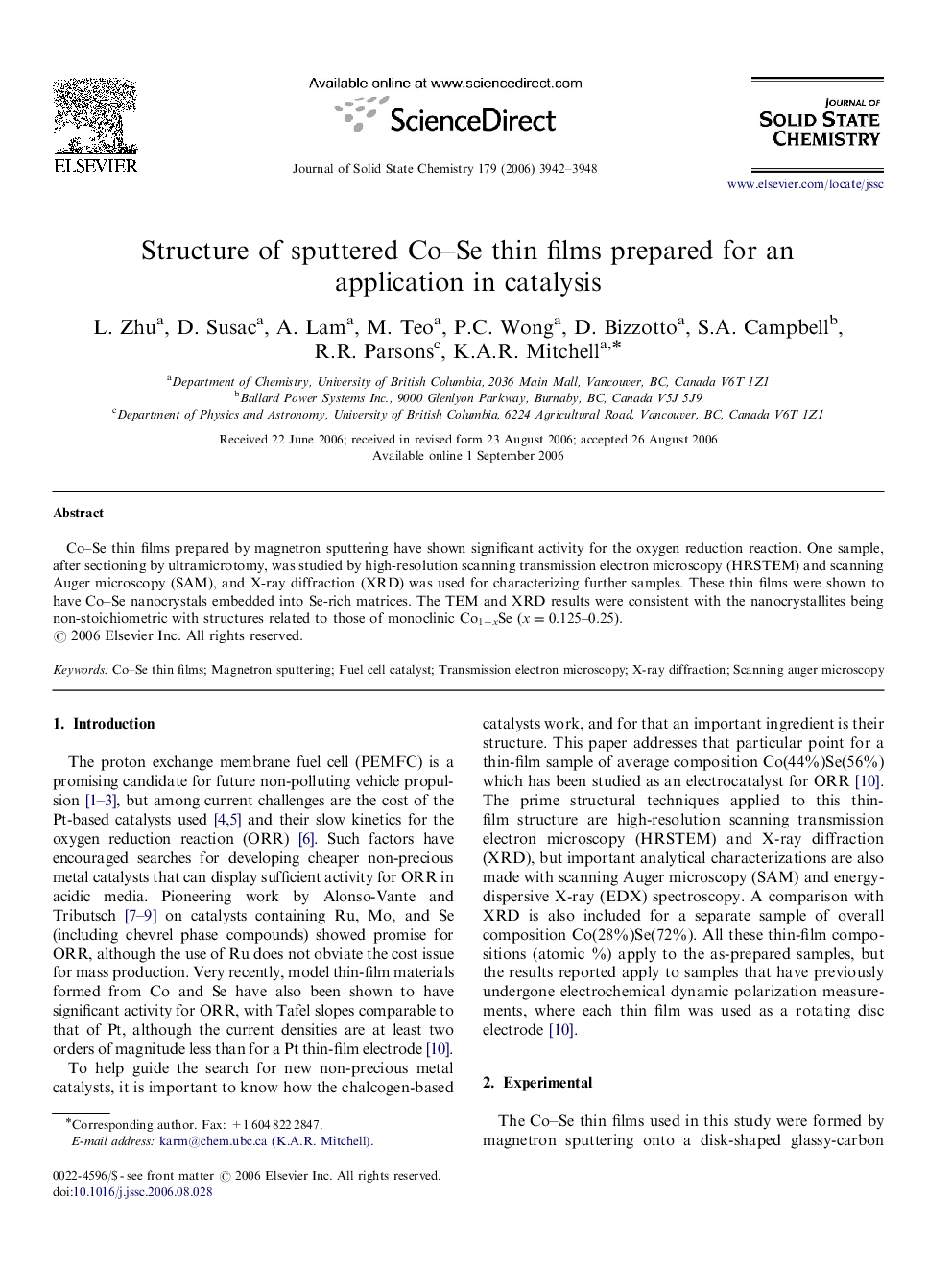 Structure of sputtered Co–Se thin films prepared for an application in catalysis