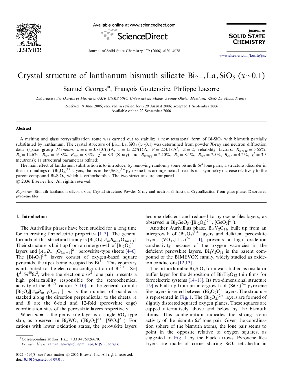 Crystal structure of lanthanum bismuth silicate Bi2−xLaxSiO5 (x∼0.1)